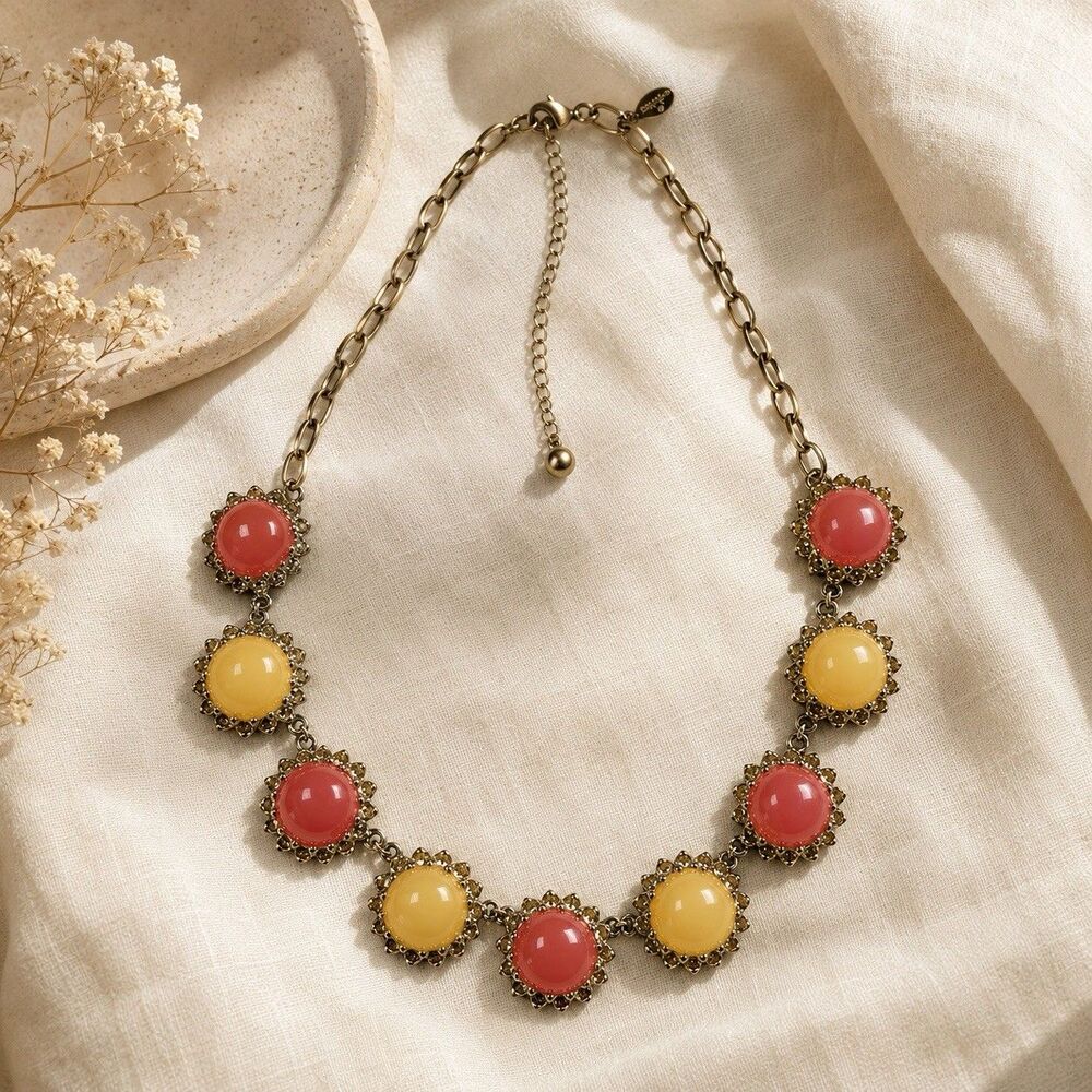 Ann Taylor Coral Pink Yellow Cabochon Floral Statement Necklace Signed